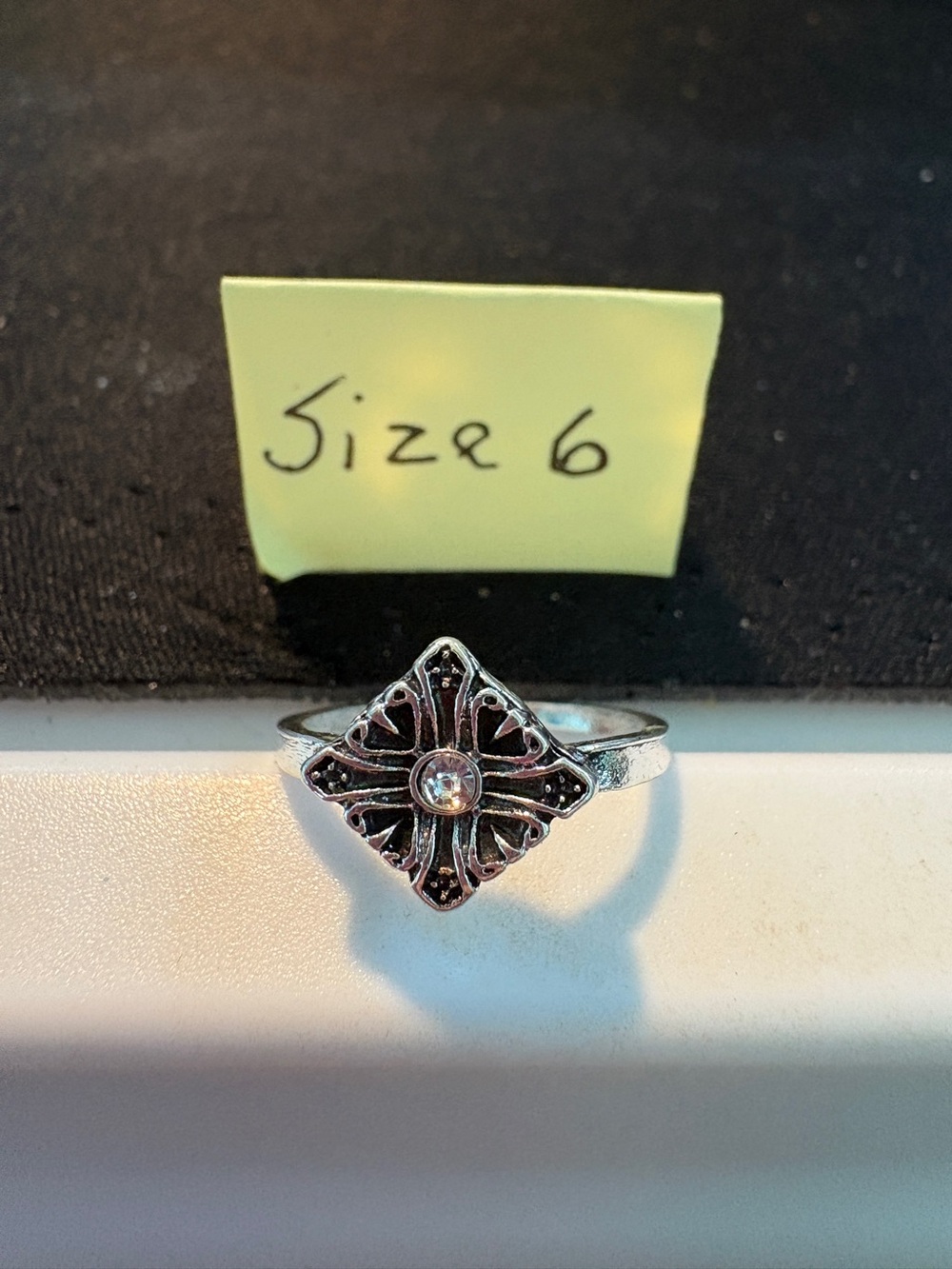 Sterling-Style Silver Filigree Square Ring with Center Stone - Size 6